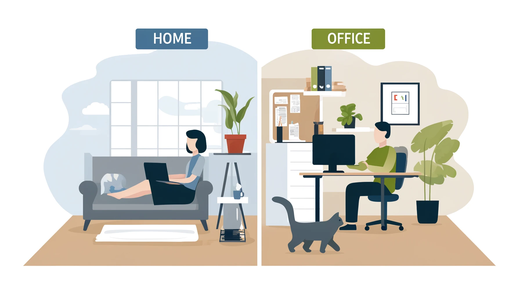  Illustration showing a person working from home and another person working in an office.