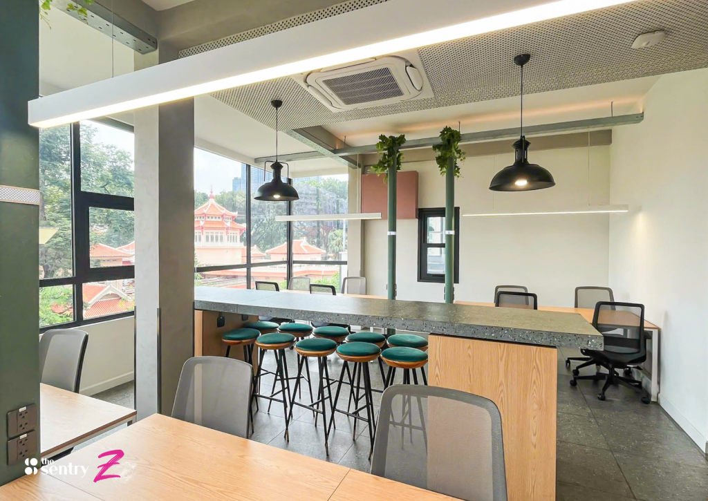 The Sentry’s move-in ready private office with city views.