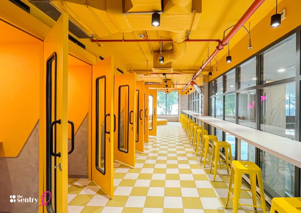 Sleek, private phone booth for calls at The Sentry.