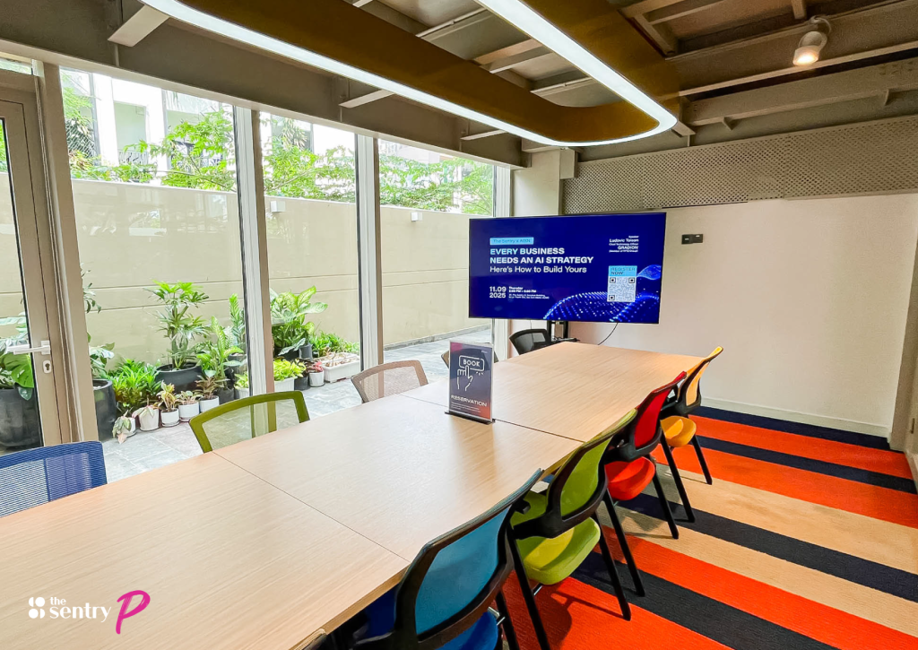 A state-of-the-art meeting room ready for a presentation.