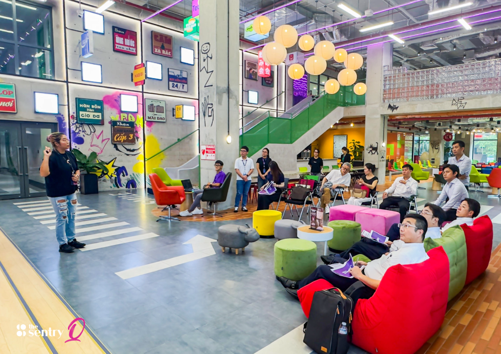 Professionals working collaboratively in a modern coworking space.