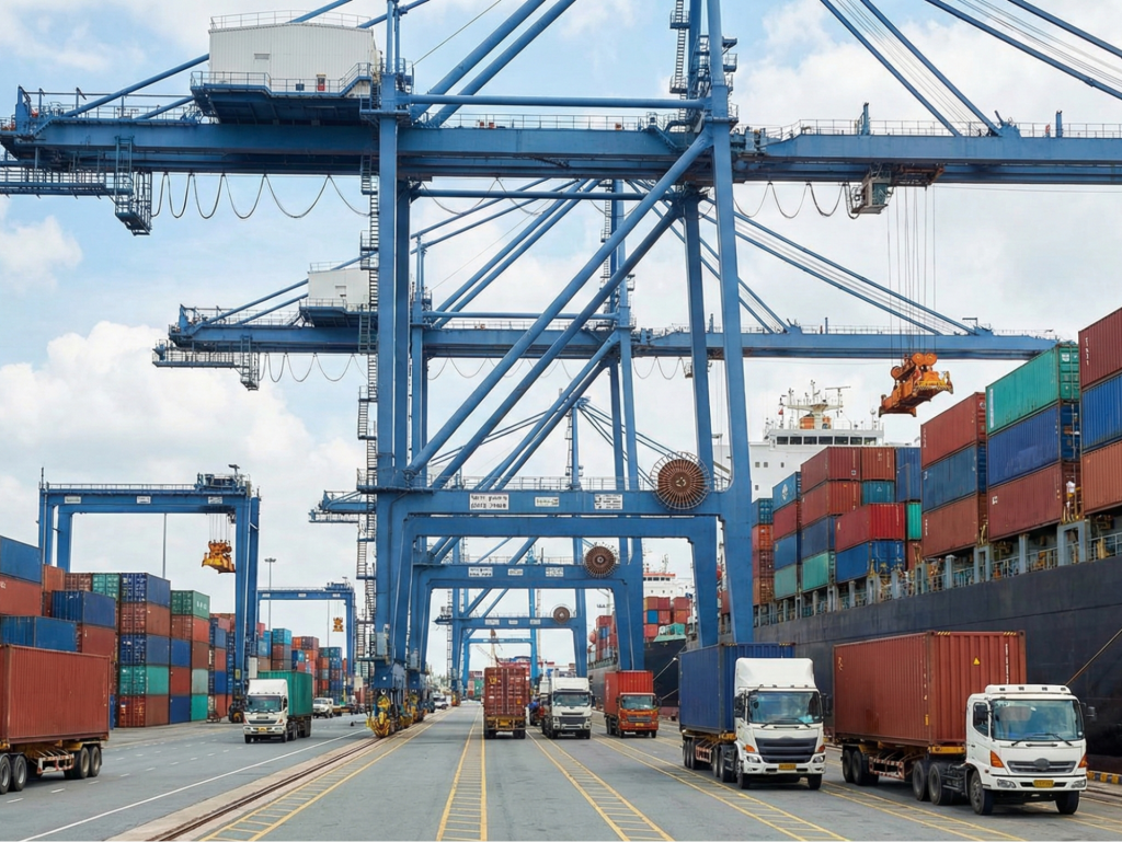 A busy container terminal at a port in Vietnam.