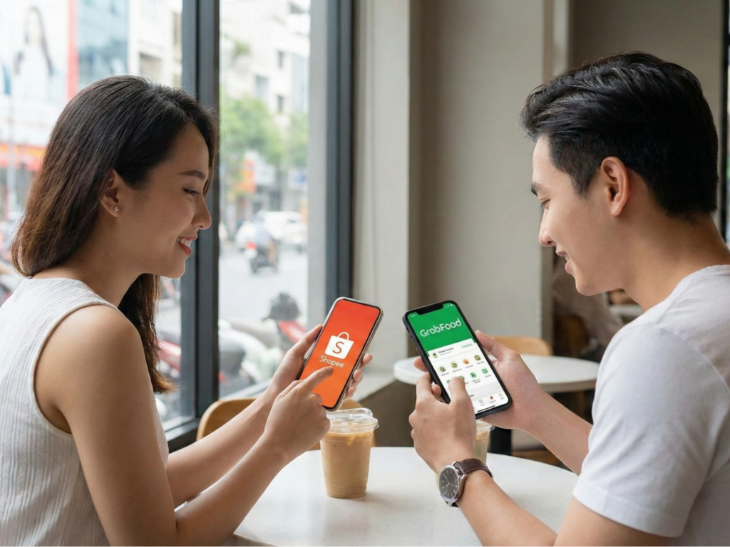 Vietnamese couple in a cafe using smartphones with e-commerce apps.