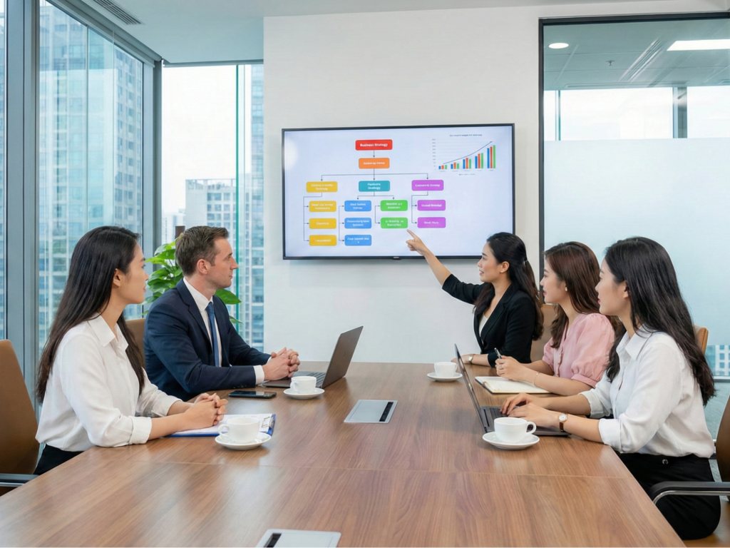 A diverse business team in a modern conference room.