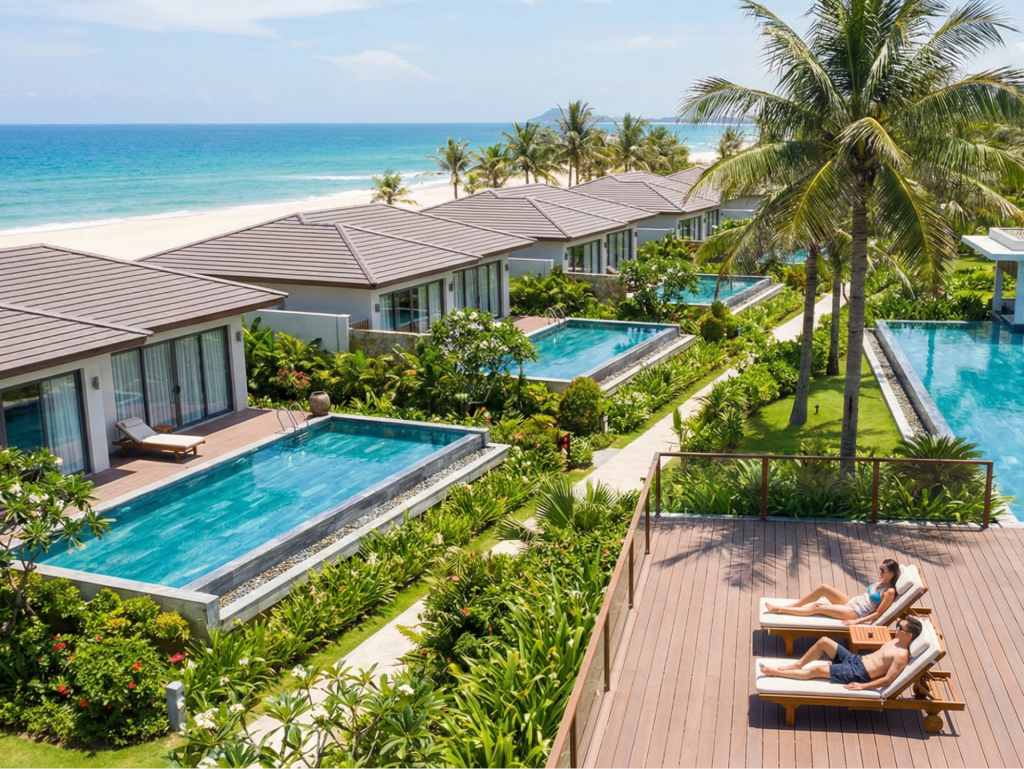 Luxury beach resort in Da Nang with private pools and ocean view.
