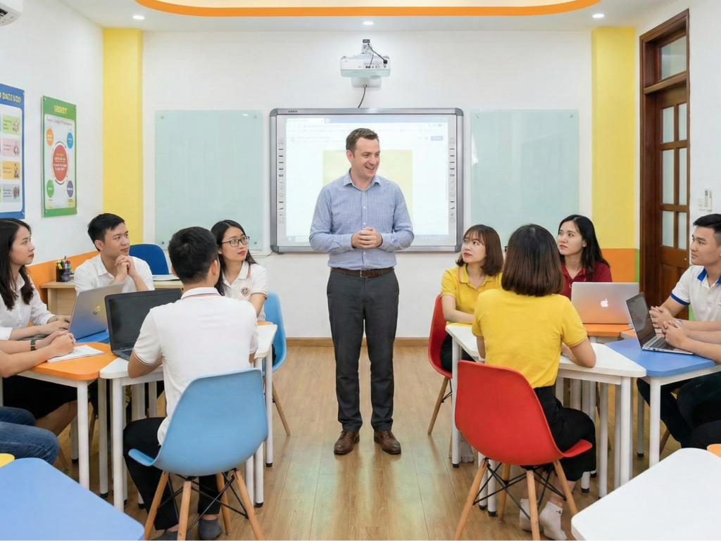 A foreign teacher with Vietnamese students in a modern classroom.