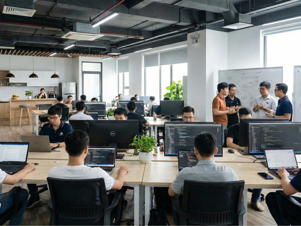 Young Vietnamese software engineers working in a modern office in Ho Chi Minh City.