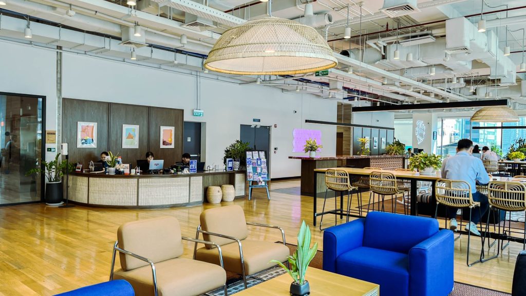 Modern reception desk and guest waiting area.
