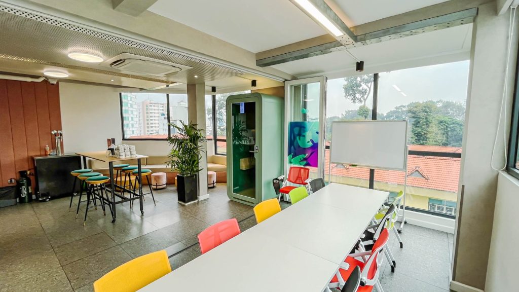 Soundproof phone booths for private calls.