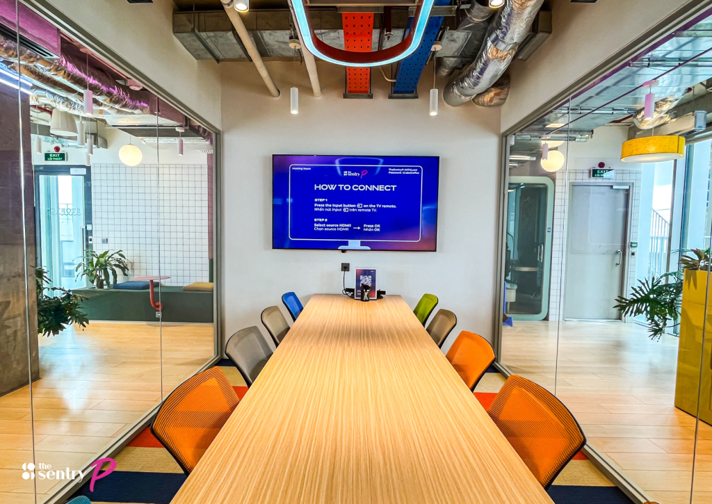 Meeting room at The Sentry set up for a professional client presentation