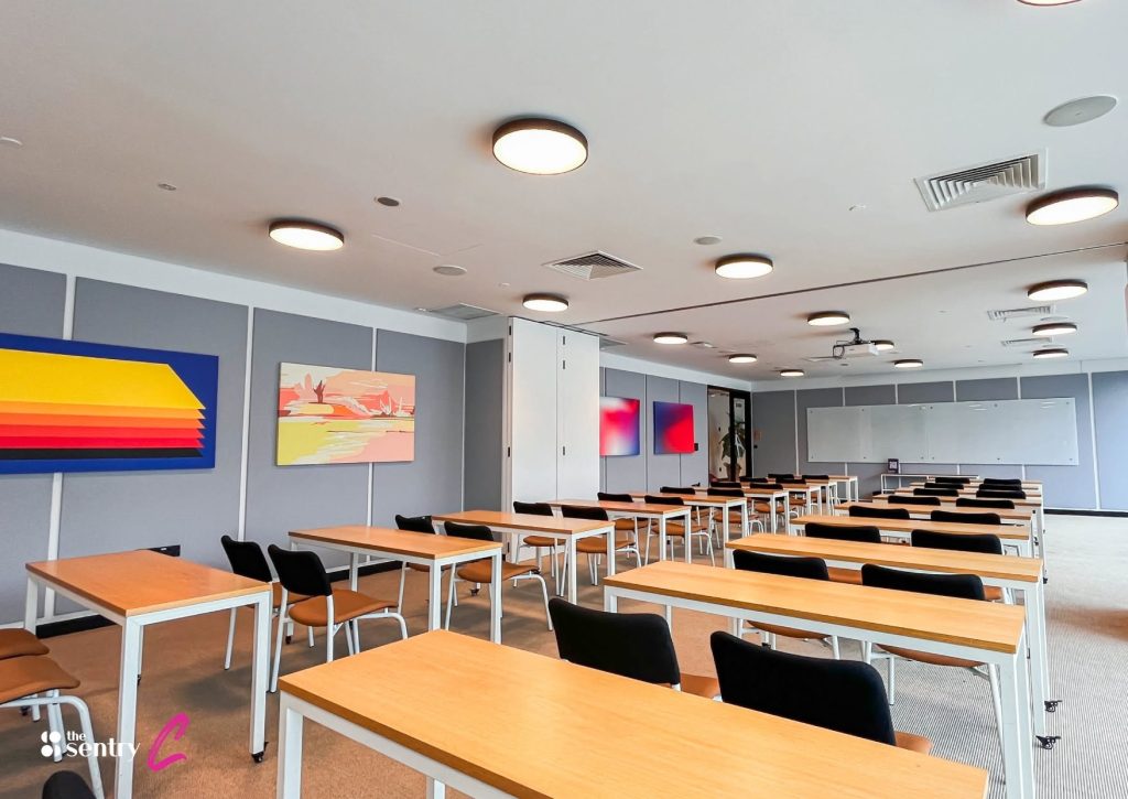 Well-equipped meeting room with AV screen and conference table at The Sentry