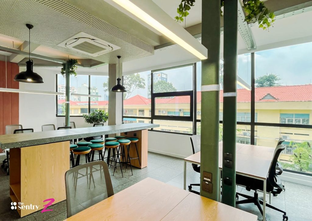 Work area with clean modern The Sentry coworking space