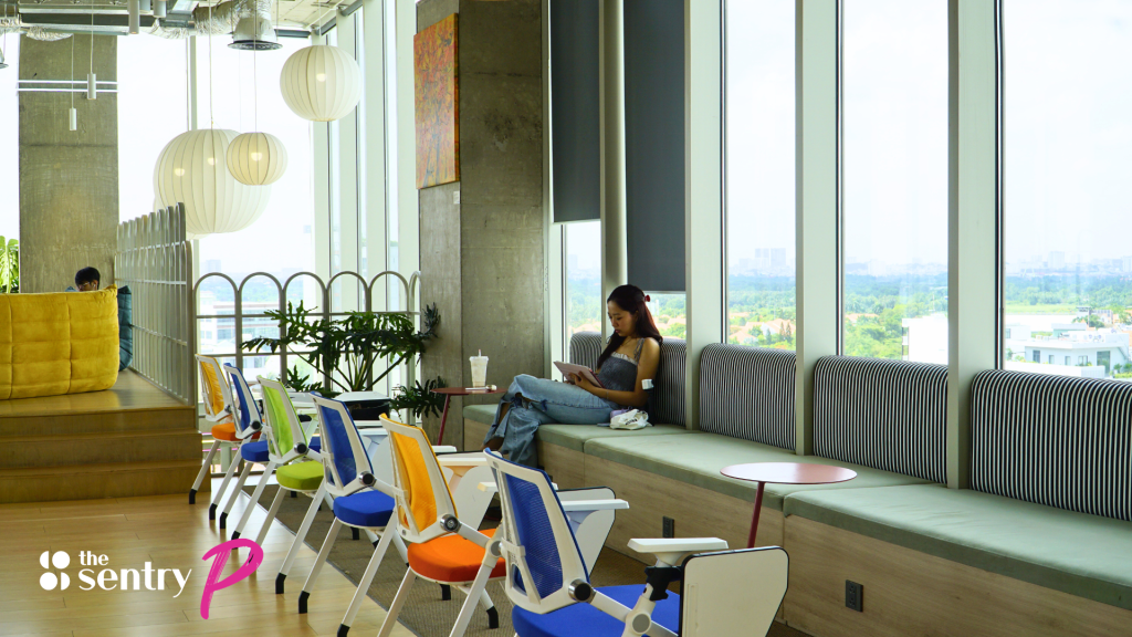 Person working at a laptop in a quiet zone at a The Sentry