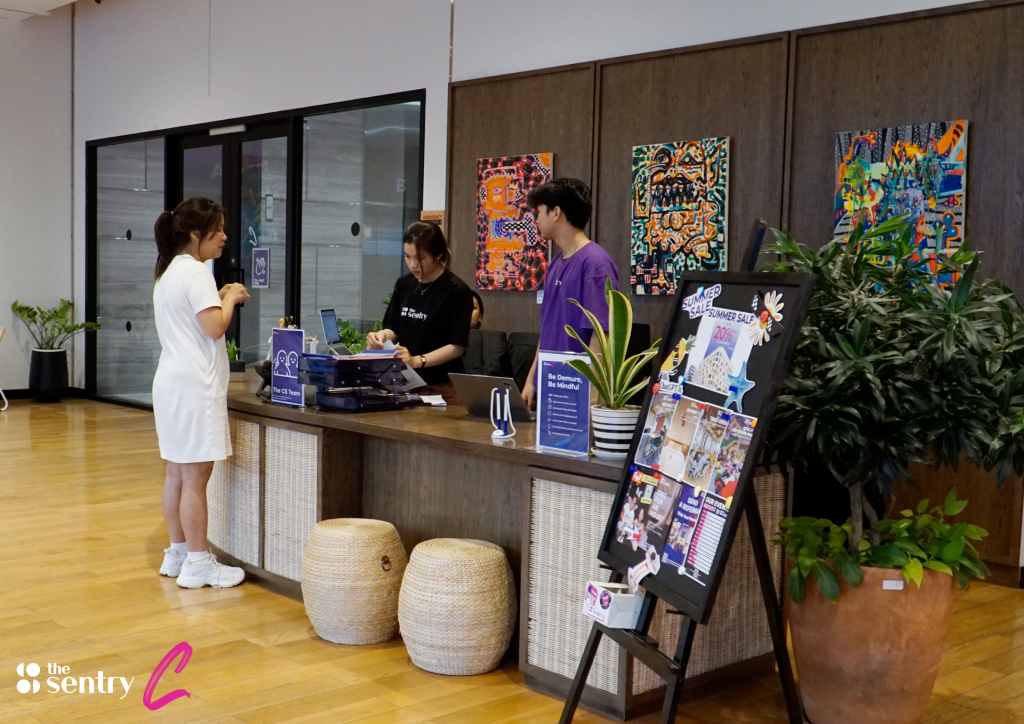 Reception and lounge area at The Sentry coworking space