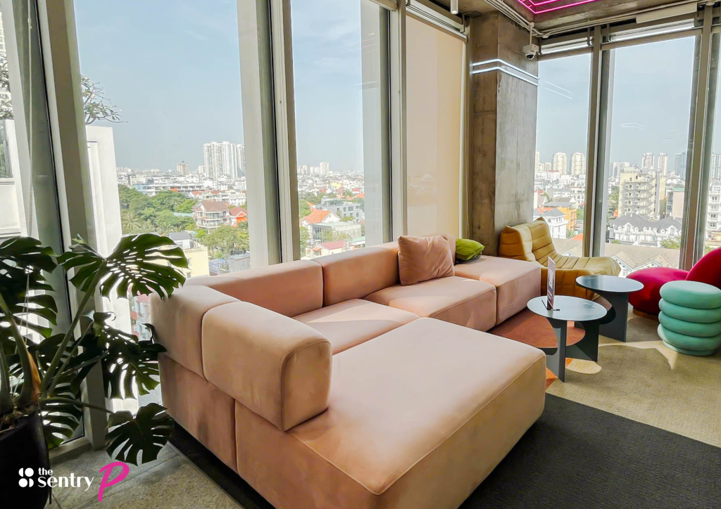 The Sentry's business lounge with soft seating and natural light