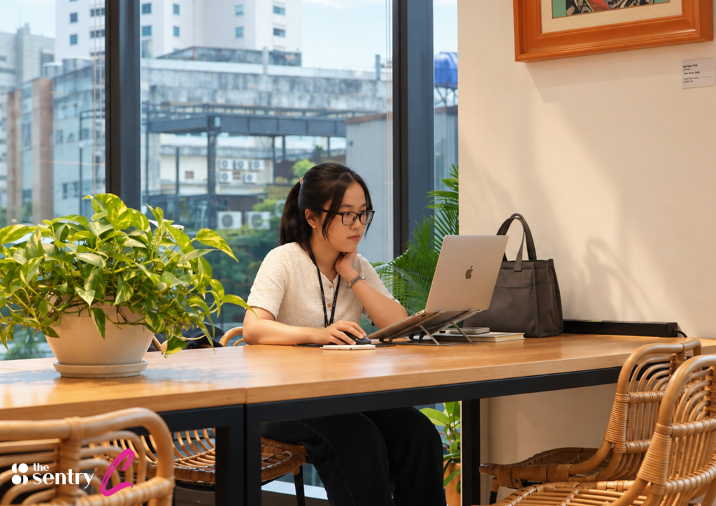 Team members at open desks in a shared coworking area at The Sentry