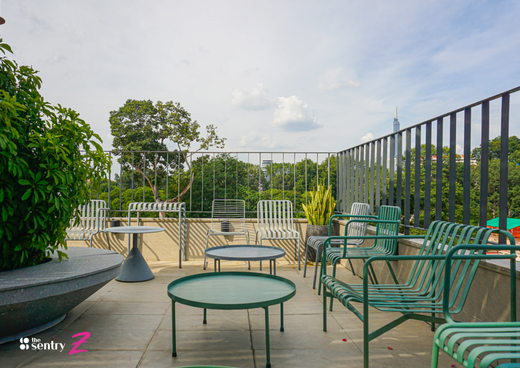 Rooftop terrace workspace at The Sentry overlooking Ho Chi Minh City