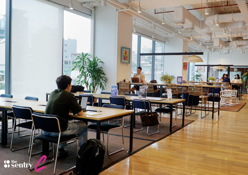 Members working at shared desks in The Sentry's open coworking area
