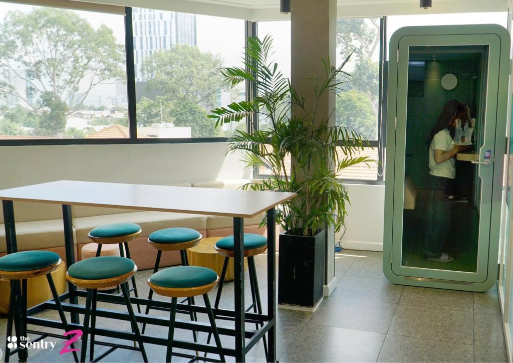 Soundproof phone booth inside The Sentry coworking space